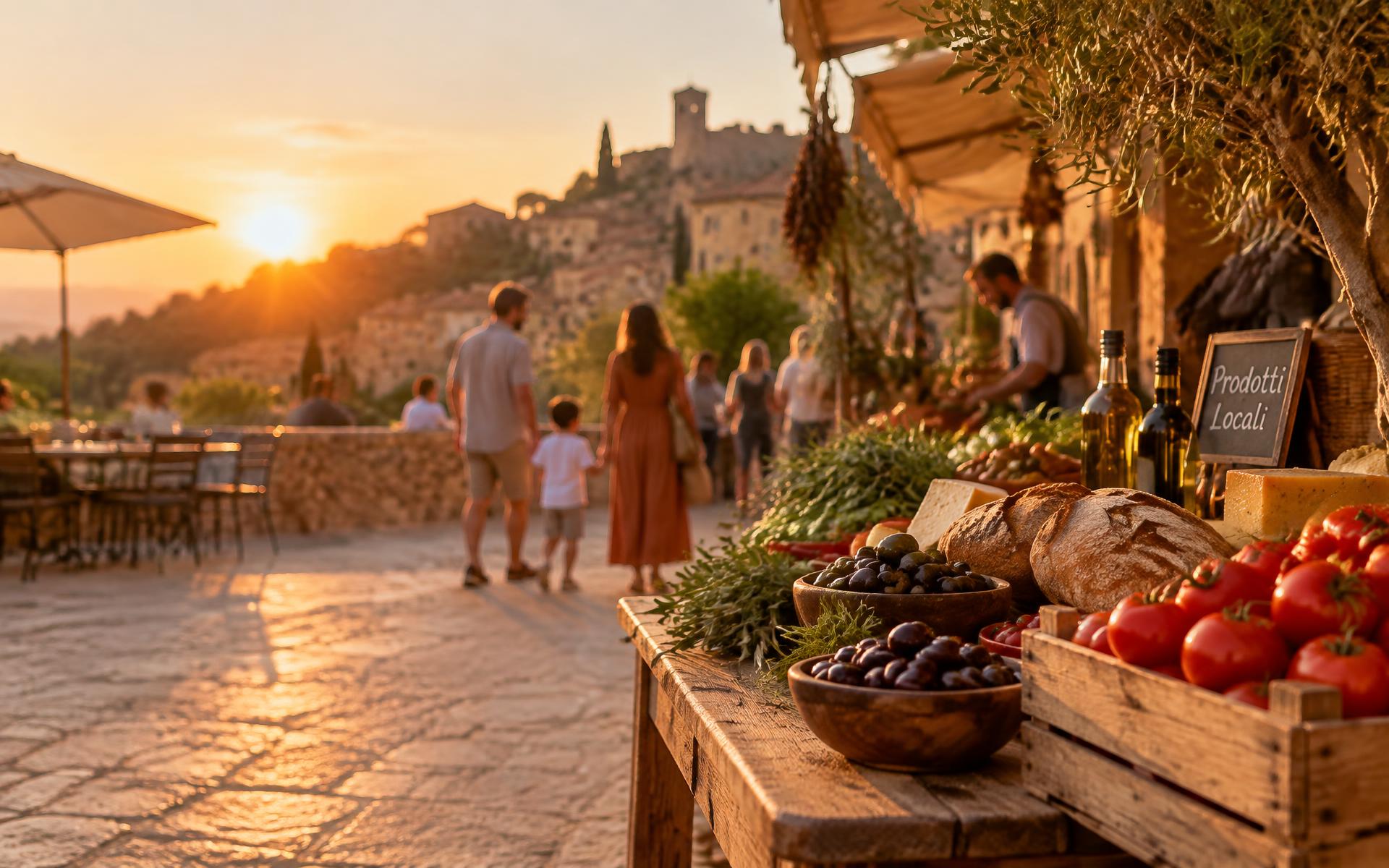 Golden hour local produce market in a hilltop village